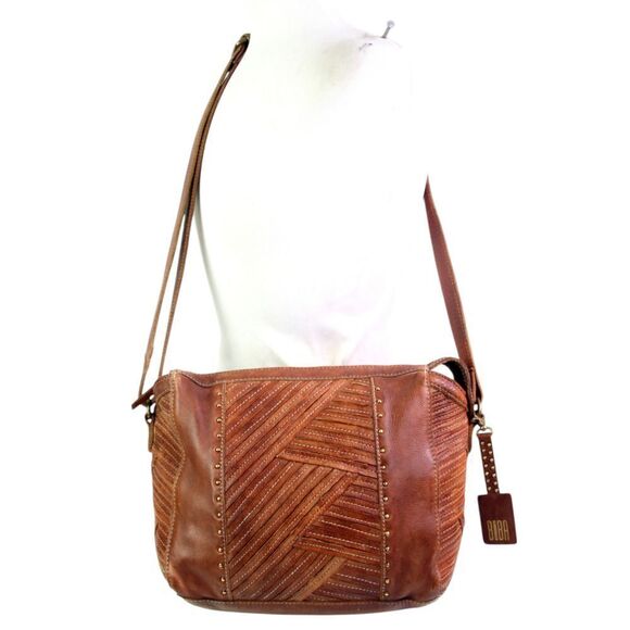 ROOMY BIBA BROWN GENUINE LEATHER STITCHED ZIP X-BODY SHOULDER BAG HANDBAG PURSE - Picture 1 of 16
